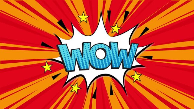 Comic book style wow speech bubble with vibrant red and orange sunburst background