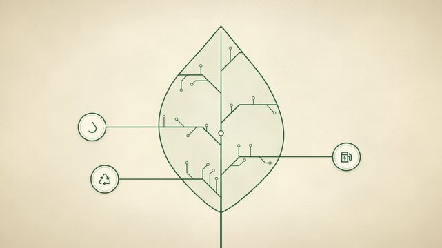 Net zero leaf infographic growing from a line stem, linking eco icons and filling with green