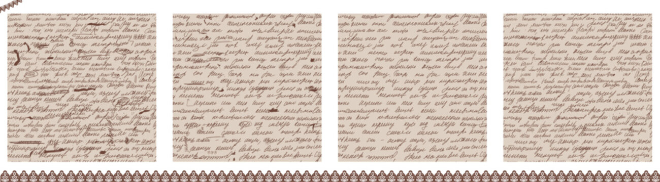 Paper textures in pale sepia seamless pattern fill vintage swatches. Subtle handwriting pages keep a quiet retro mood. Repeating vector brushstroke texture for fabric print or photo overlay