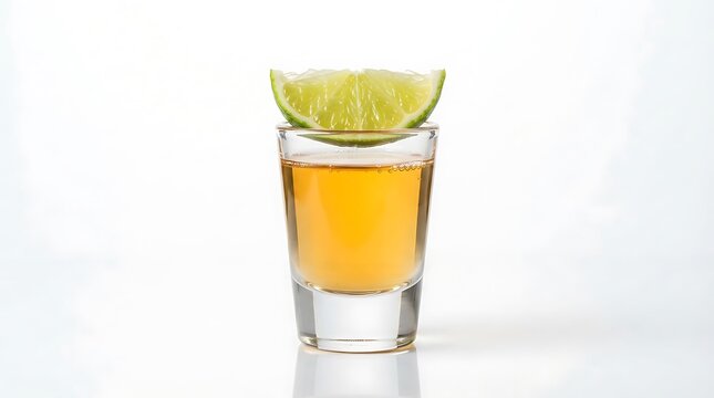 A single shot glass filled with golden amber tequila liquid topped with a fresh slice of green lime on a clean and bright white background