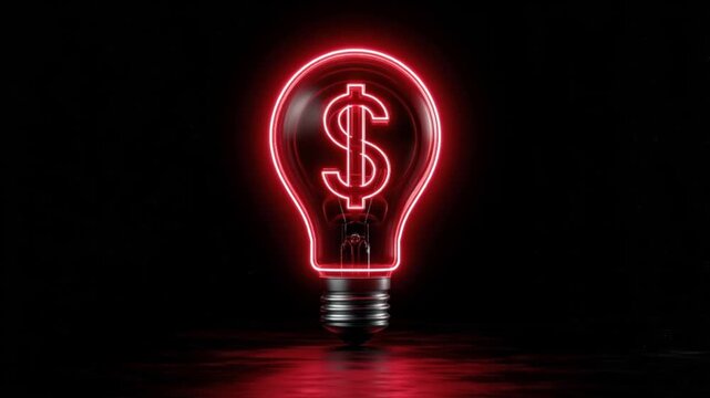 A glowing red neon dollar sign illuminates the inside of a clear lightbulb, symbolizing a bright financial idea or opportunity in a dark. ..Created with Generative AI, not depicting real subjects.