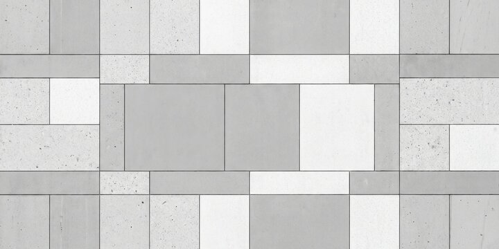 geometric modular wall tile pattern. alternating smooth grey and speckled white stone blocks. contemporary architectural cladding with a balanced minimalist aesthetic.

