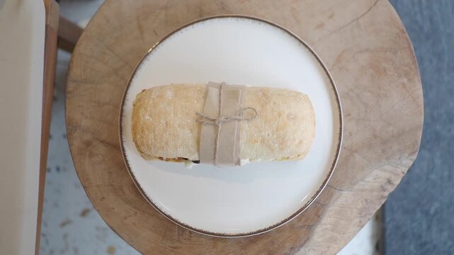 Fresh ciabatta sandwich wrapped in craft paper and twine served on white plate atop rustic wooden table.
