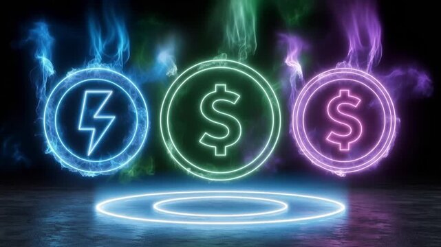Three glowing neon coins with symbols for electricity, dollar. ..Created with Generative AI, not depicting real subjects.