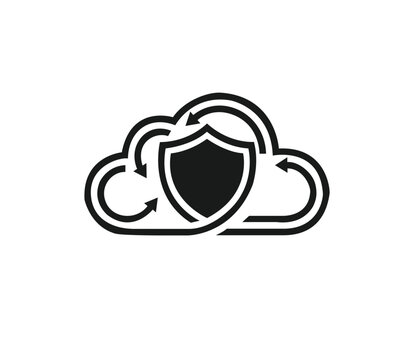 Secure cloud computing icon, continuous data synchronization backup shield logo, cyber security vector concept