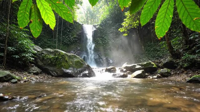 Majestic waterfall cascades down a rocky cliff into a serene pool inside a deep green jungle.
