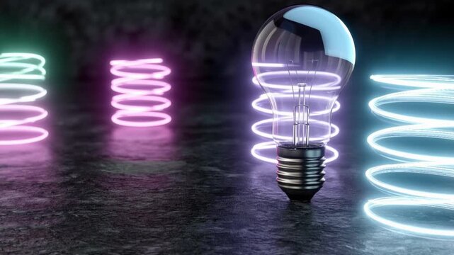 A conceptual visualization of a glowing lightbulb surrounded by vibrant, illuminated coils of energy. ..Created with Generative AI, not depicting real subjects.