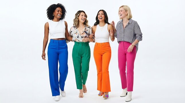Four diverse women walking together in a line, wearing colorful trousers and casual tops, smiling and laughing against a white background
