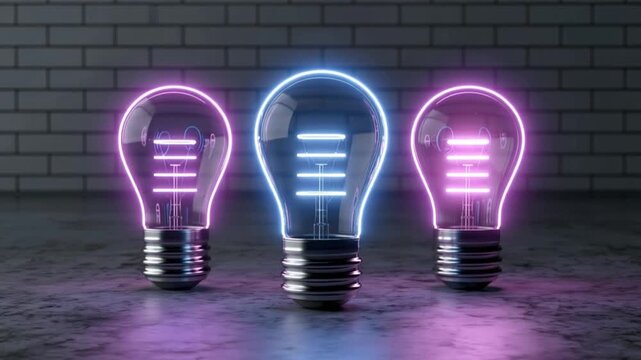 Three glowing light bulbs, one blue and two pink, arranged in a line on a textured surface against a brick wall. ..Created with Generative AI, not depicting real subjects.
