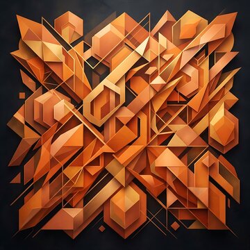 Intricate geometric pattern of orange hexagonal and triangular facets with sharp lines and depth, set against a dark, moody textured background