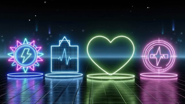 Four vibrant neon icons&mdash;a sun with a lightning bolt, a heartbeat monitor, a heart shape. ..Created with Generative AI, not depicting real subjects.
