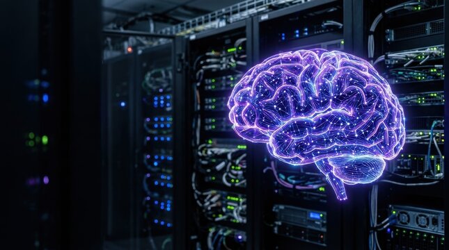 Artificial intelligence concept, glowing purple digital brain neural network hologram in a data center