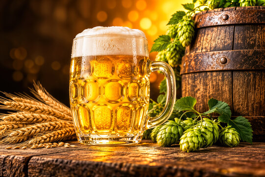 Bierkrug mit frischem Bier, Hopfen und Gerste auf Holztisch vor rustikalem Fass bei warmem Licht