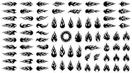 Fototapeta premium Classic silhouette flame. Black fire set isolated on white background. Old school tattoo neo-tribal style or silhouette flame for cars. Minimalistic stylish fire outline and filled contour. Vector set