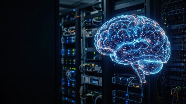 Futuristic blue AI brain hologram with neural network lines, artificial intelligence technology background