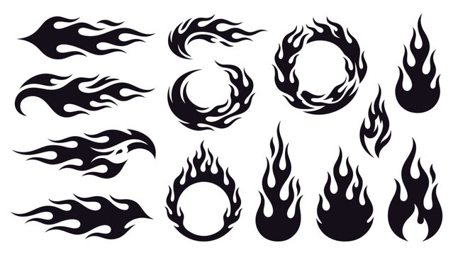 Classic silhouette flame. Black fire set isolated on white background. Old school tattoo neo-tribal style or silhouette flame for cars. Minimalistic stylish fire outline and filled contour. Vector set