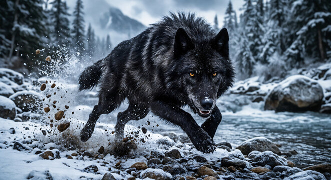Ferocious Black Wolf Running and Splashing Through Snow and River / Lobo negro feroz corriendo y salpicando entre nieve y r&iacute;o