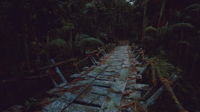 Narrow plank path into deep forest, central perspective emphasizes depth and rickety planks, handrails frayed with vines, scene suggests trek, exploration