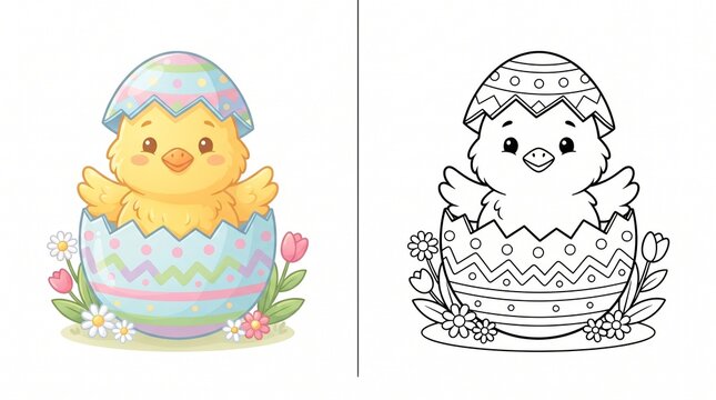 Easter chick illustration, vector coloring page and colorful character comparison