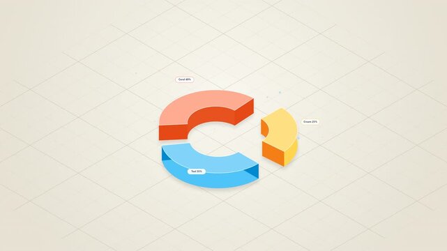Minimalist soft pastel isometric motion graphics featuring fully-formed 3D solid donut chart segments and clean rising bar chart analytics.