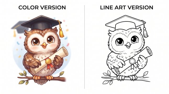 Owl illustration vector with graduation cap holding scroll, side by side color and line art version