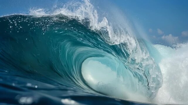Ocean Wave Barrel Wave Curling with Turquoise Water, Sea Foam and Breaking Wave Spray