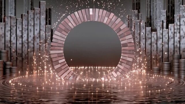 A circular portal of textured tiles shimmers with ethereal light, set against a backdrop of metallic columns. ..Created with Generative AI, not depicting real subjects.
