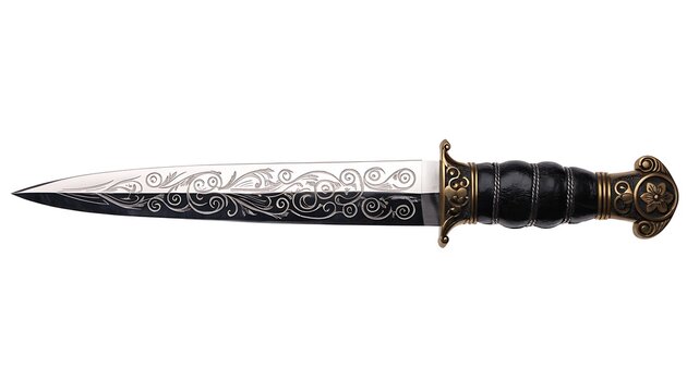 Ornate ceremonial dagger with engraved steel blade isolated on white background