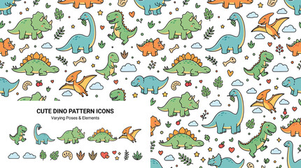 Cute Dinosaur Pattern Icons Isolated Transparent Background © umar