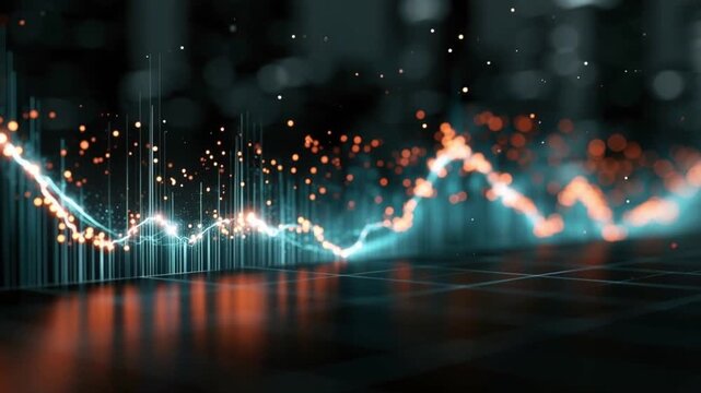 Abstract digital visualization of glowing lines and particles forming a dynamic waveform, representing data flow and connectivity. ..Created with Generative AI, not depicting real subjects.