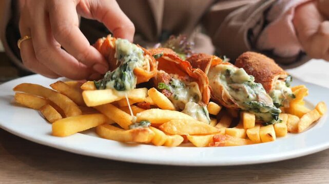 Close up slow motion video of hand picking up crispy fried chicken with french fries and cheesy spinach filling.