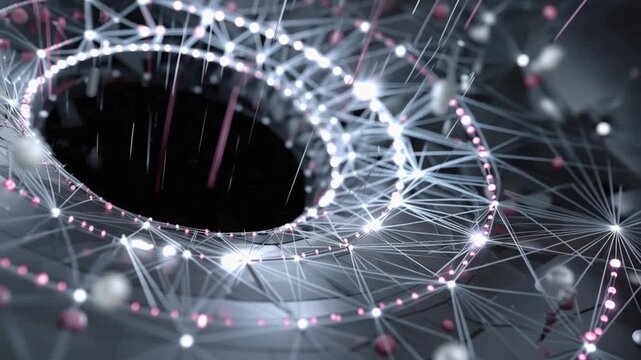 A glowing digital network structure, composed of interconnected nodes and lines, creates a complex and futuristic abstract design. ..Created with Generative AI, not depicting real subjects.