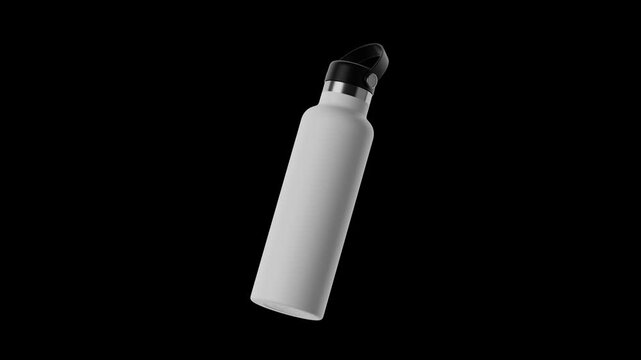 White Insulated Stainless Steel Sport Water Bottle Floating and rotating. 3D Animation water bottle on Black Background. 4k