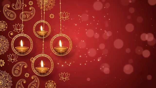 Diwali Hanging Diyas Animated Video Background with Golden Paisleys and Copy Space
