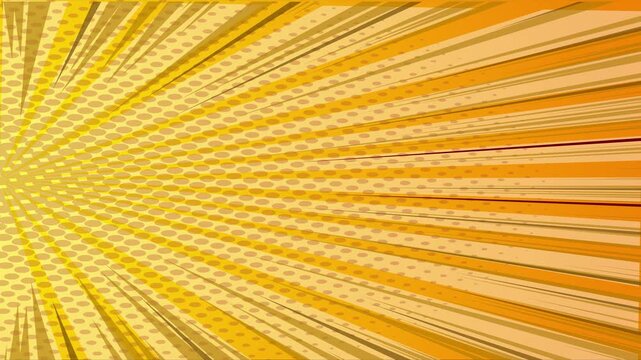 Yellow comic book speed lines background with halftone dots for action graphics
