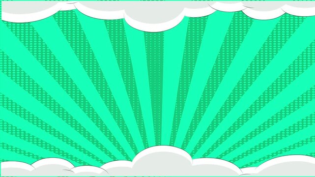 Green comic book style sunburst background with white cloud borders for design