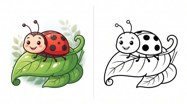 Ladybug coloring page vector illustration with colored version and black and white line art