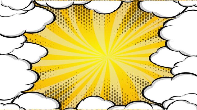 Comic book style yellow sunburst background with white clouds and copy space