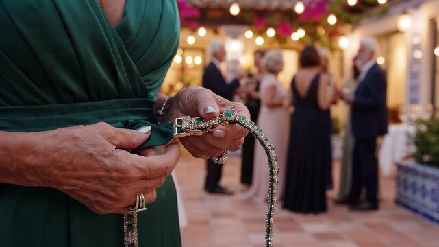 Close up of senior woman's hands adjusting a beautiful jewel necklace before a high society party, symbolizing elegance, luxury, and celebration among well dressed older adults
