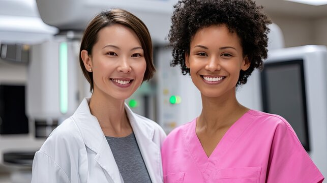 Healthcare workers pose together in a medical room with a mammography device and bright natural light