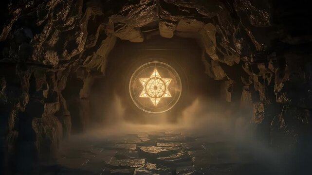 Mystical Cave Chamber with Glowing Geometric Symbol and Atmospheric Mist