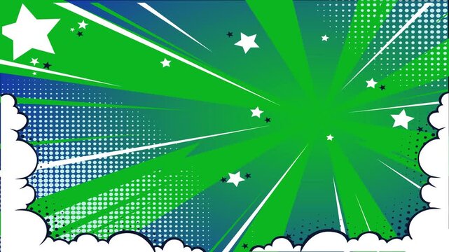Comic book style green and blue background with radiating lines and white stars