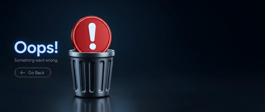 3D Minimalist Render of a Trash Can with Warning Exclamation Mark for Website 404 Error Page Concept Featuring Oops Something Went Wrong Text and Go Back Button on Dark Background