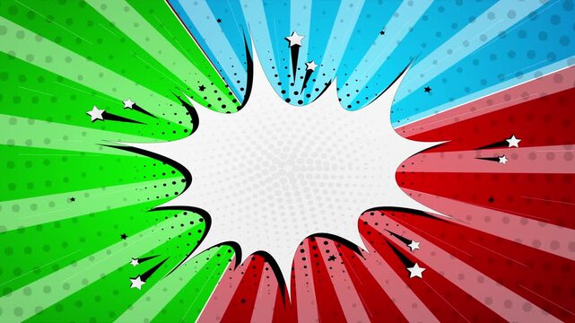 Comic book style speech bubble with colorful radial halftone background