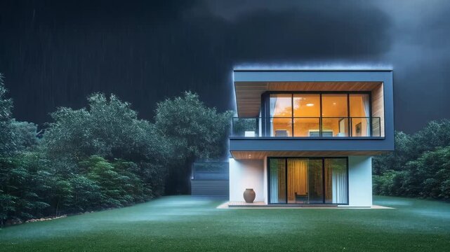 Modern House at Night with Warm Window Light, Rain, Tree, and Lawn Landscape