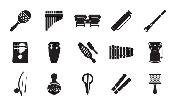 Diverse Musical Instruments Collection, Percussion & Wind Icons, Ethnic & Folk Sound Tools