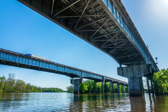 Atchafalaya Basin Bridge (or Louisiana Airborne Memorial Bridge) and Interstate Highway 10 between Baton Rouge and Lafayette, view from below, Louisiana