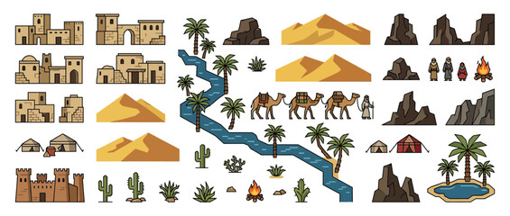 Obraz premium Desert Oasis Pixel Art Elements Collection