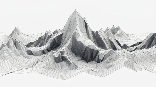 Low poly mountain wireframe model for data visualization tech background design representing structural complexity in a modern minimalist