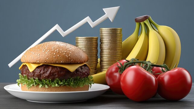 Concept illustration of rising food costs with cheeseburger, fruits, coins, and upward arrow in grey blue background